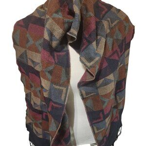 Harry Rosen Geometric Mosaic Scarf Burgundy Navy Tan‎ Wool Blend Fringe Trim